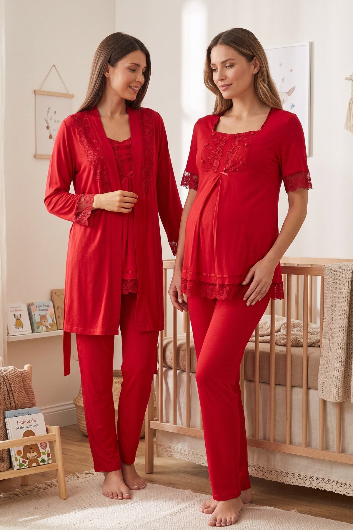 Lace Embroidered 3-Piece Maternity-Nursing Pajama & Robe Set Cherry - 6034