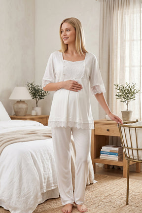 Lace Embroidered 3-Piece Maternity-Nursing Pajama & Robe Set Ecru - 6034