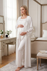 Lace Embroidered 3-Piece Maternity-Nursing Pajama & Robe Set Ecru - 6034