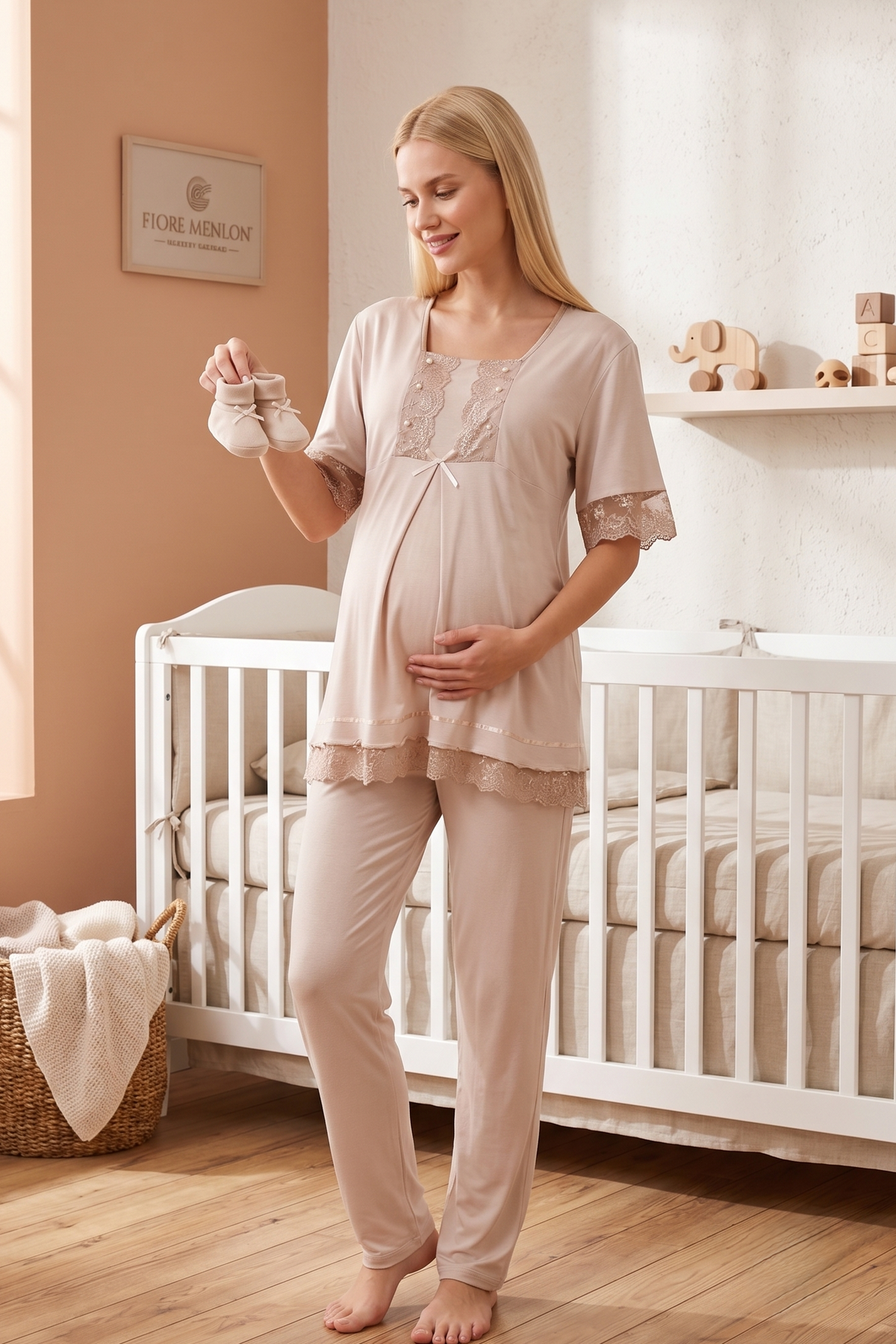 Lace Embroidered 3-Piece Maternity-Nursing Pajama & Robe Set Mink - 6034