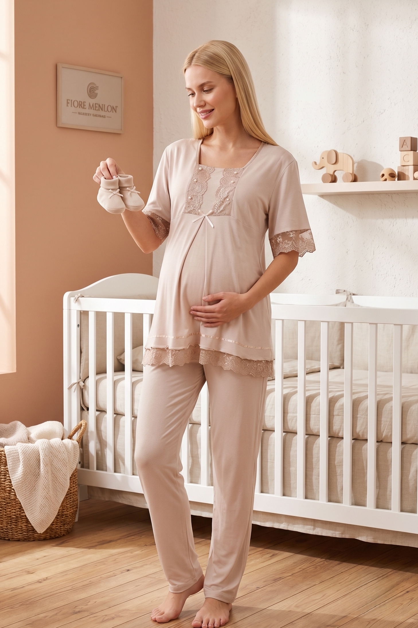 Lace Embroidered 3-Piece Maternity-Nursing Pajama & Robe Set Mink - 6034