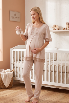 Lace Embroidered 3-Piece Maternity-Nursing Pajama & Robe Set Mink - 6034