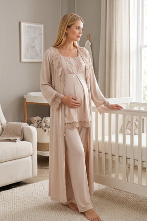 Lace Embroidered 3-Piece Maternity-Nursing Pajama & Robe Set Mink - 6034