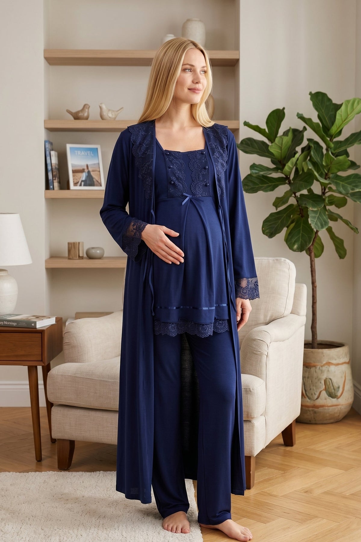 Lace Embroidered 3-Piece Maternity-Nursing Pajama & Robe Set Navy Blue - 6034