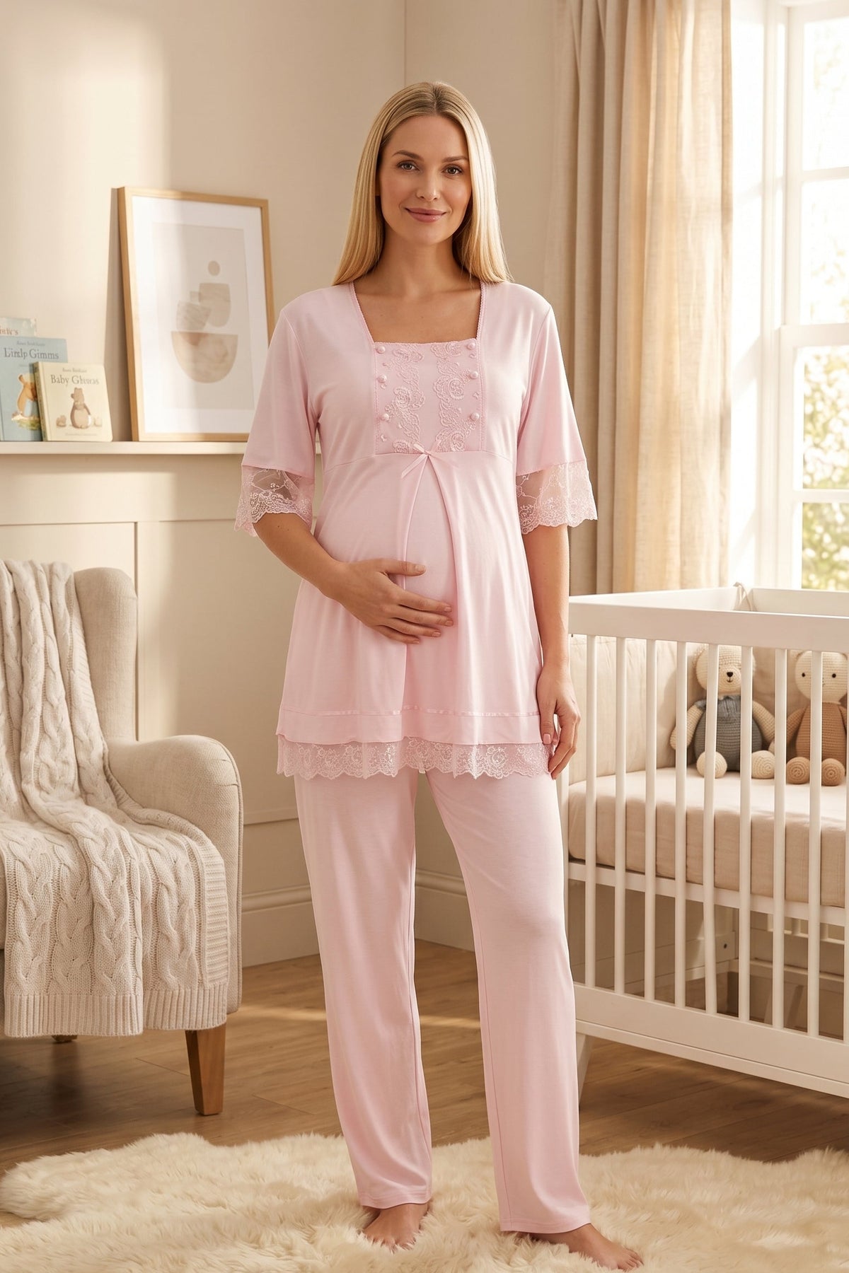 Lace Embroidered 3-Piece Maternity-Nursing Pajama & Robe Set Pink - 6034