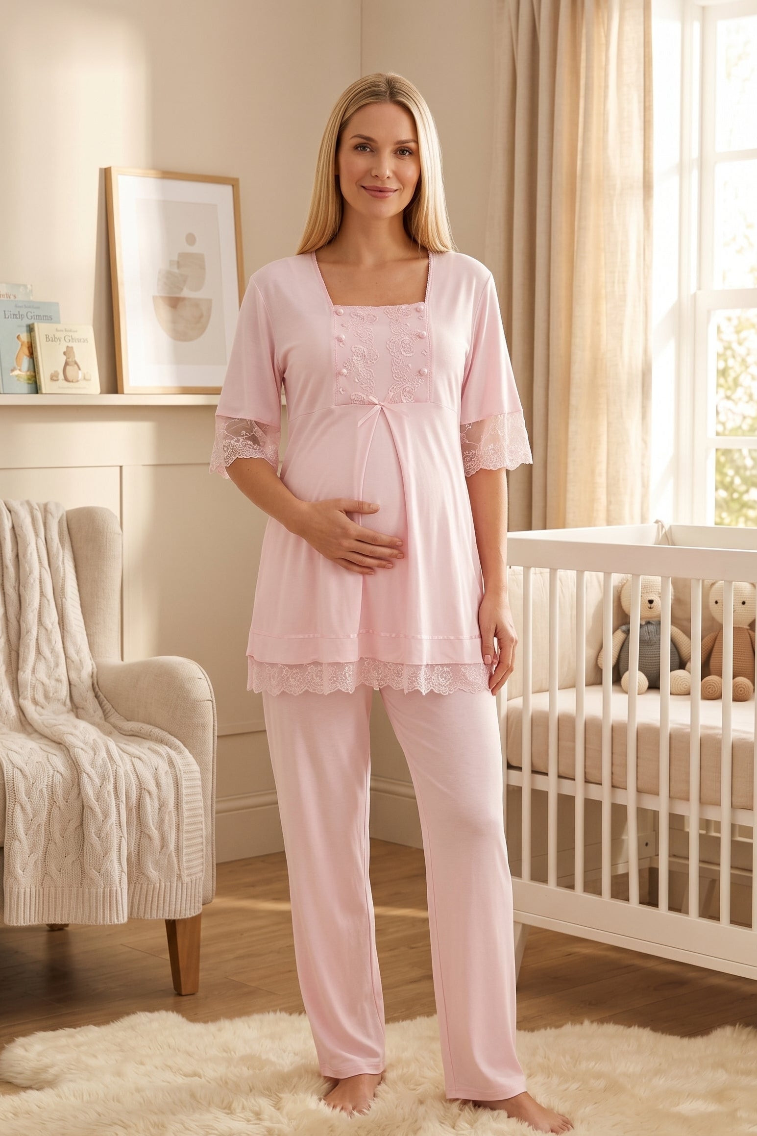 Lace Embroidered 3-Piece Maternity-Nursing Pajama & Robe Set Pink - 6034