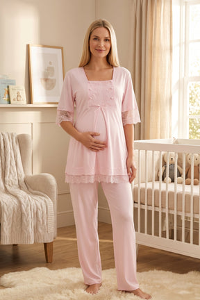 Lace Embroidered 3-Piece Maternity-Nursing Pajama & Robe Set Pink - 6034