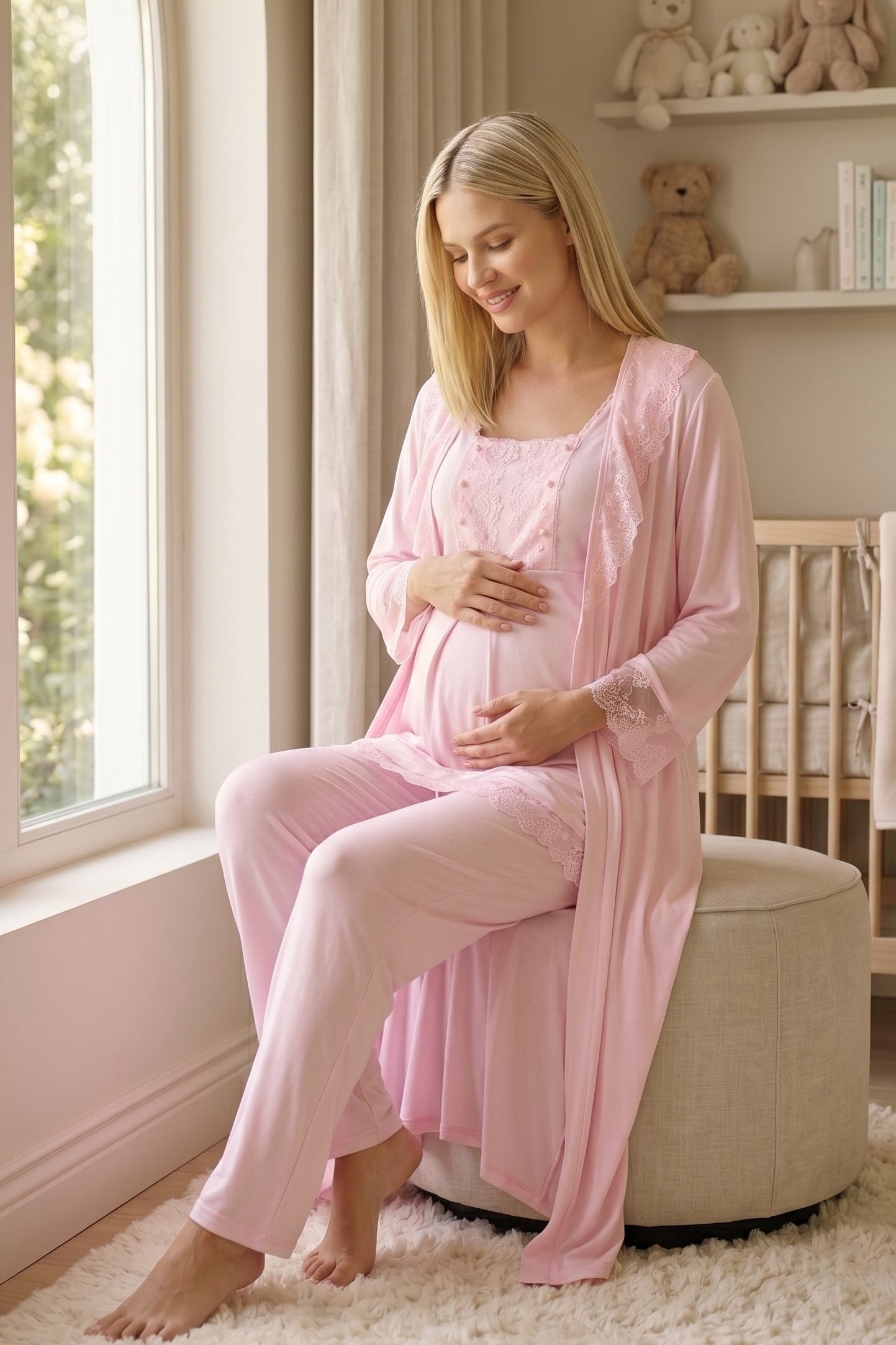 Lace Embroidered 3-Piece Maternity-Nursing Pajama & Robe Set Pink - 6034