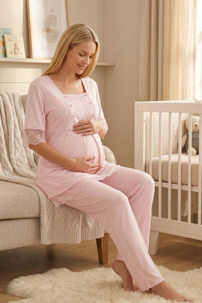 Lace Embroidered 3-Piece Maternity-Nursing Pajama & Robe Set Pink - 6034