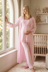 Lace Embroidered 3-Piece Maternity-Nursing Pajama & Robe Set Pink - 6034