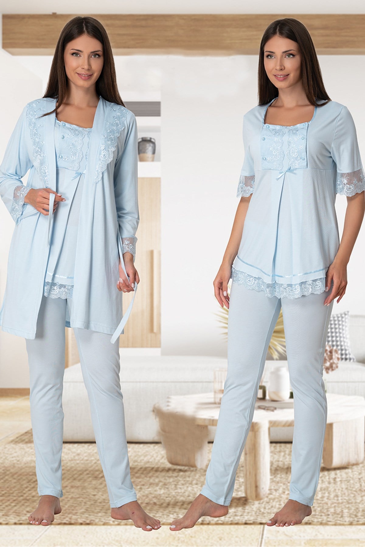 Lace Embroidered 3-Piece Maternity-Nursing Pajama & Robe Set Blue - 6034