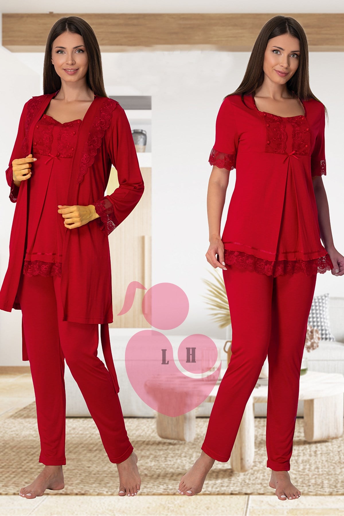 Lace Embroidered 3-Piece Maternity-Nursing Pajama & Robe Set Cherry - 6034