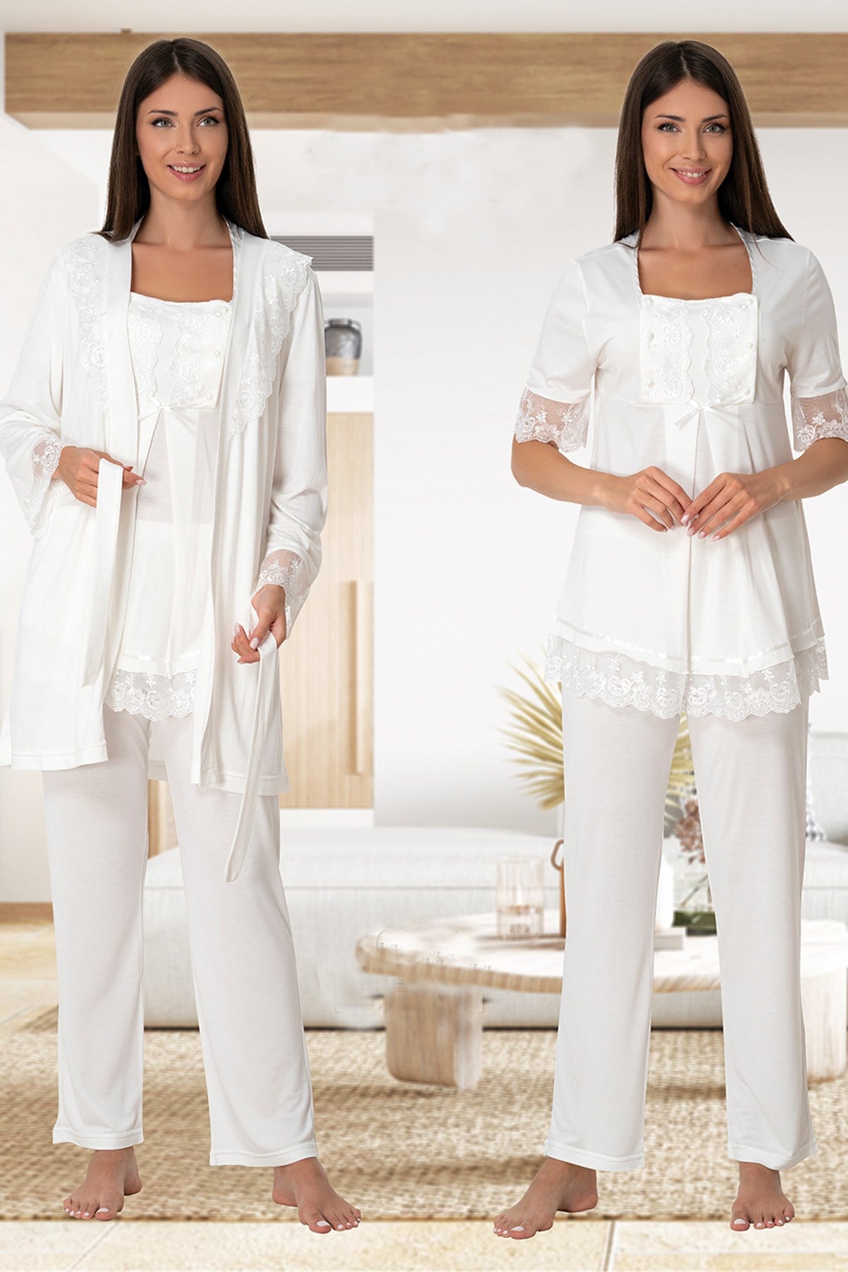 Lace Embroidered 3-Piece Maternity-Nursing Pajama & Robe Set Ecru - 6034
