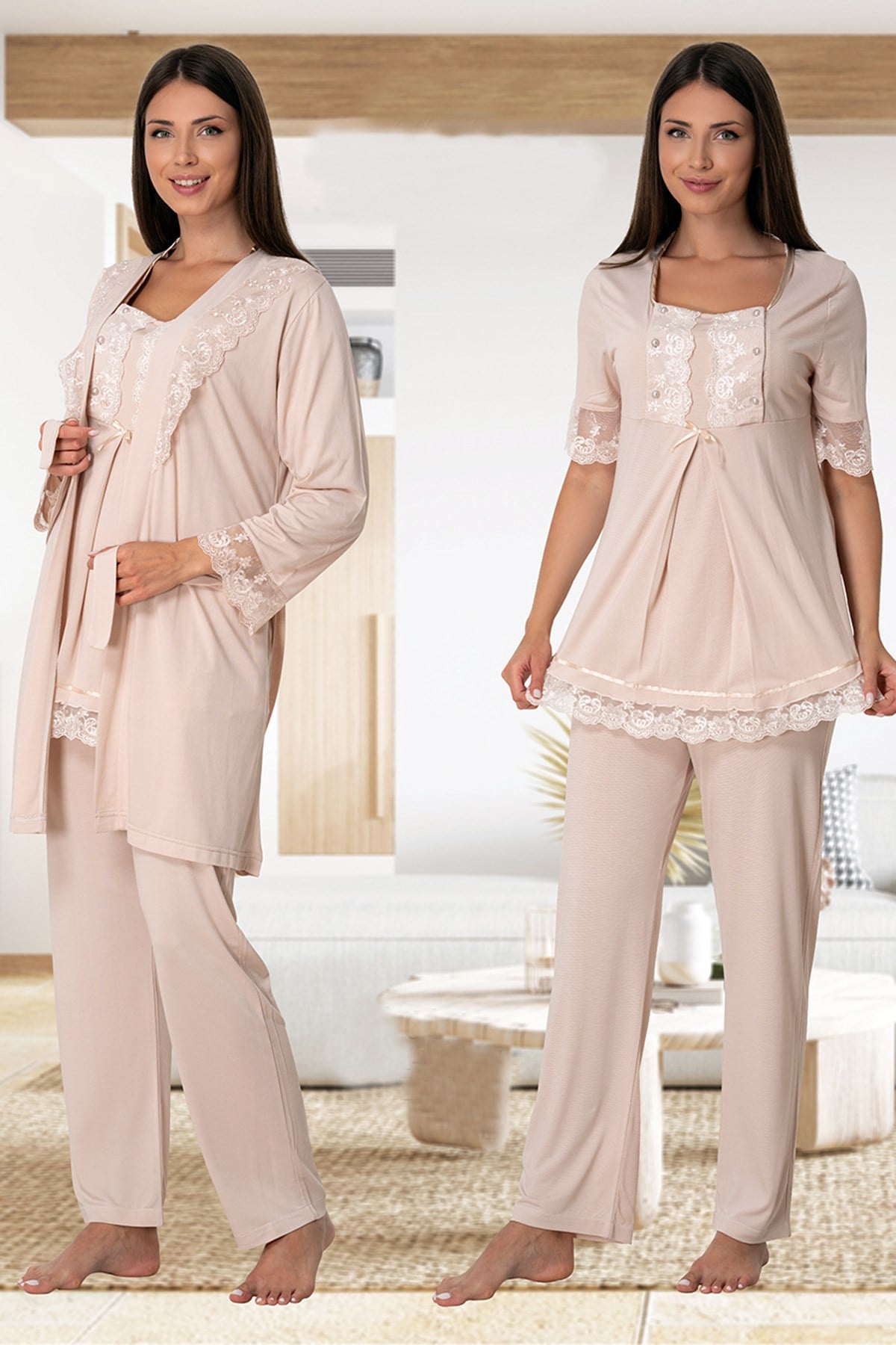 Lace Embroidered 3-Piece Maternity-Nursing Pajama & Robe Set Mink - 6034