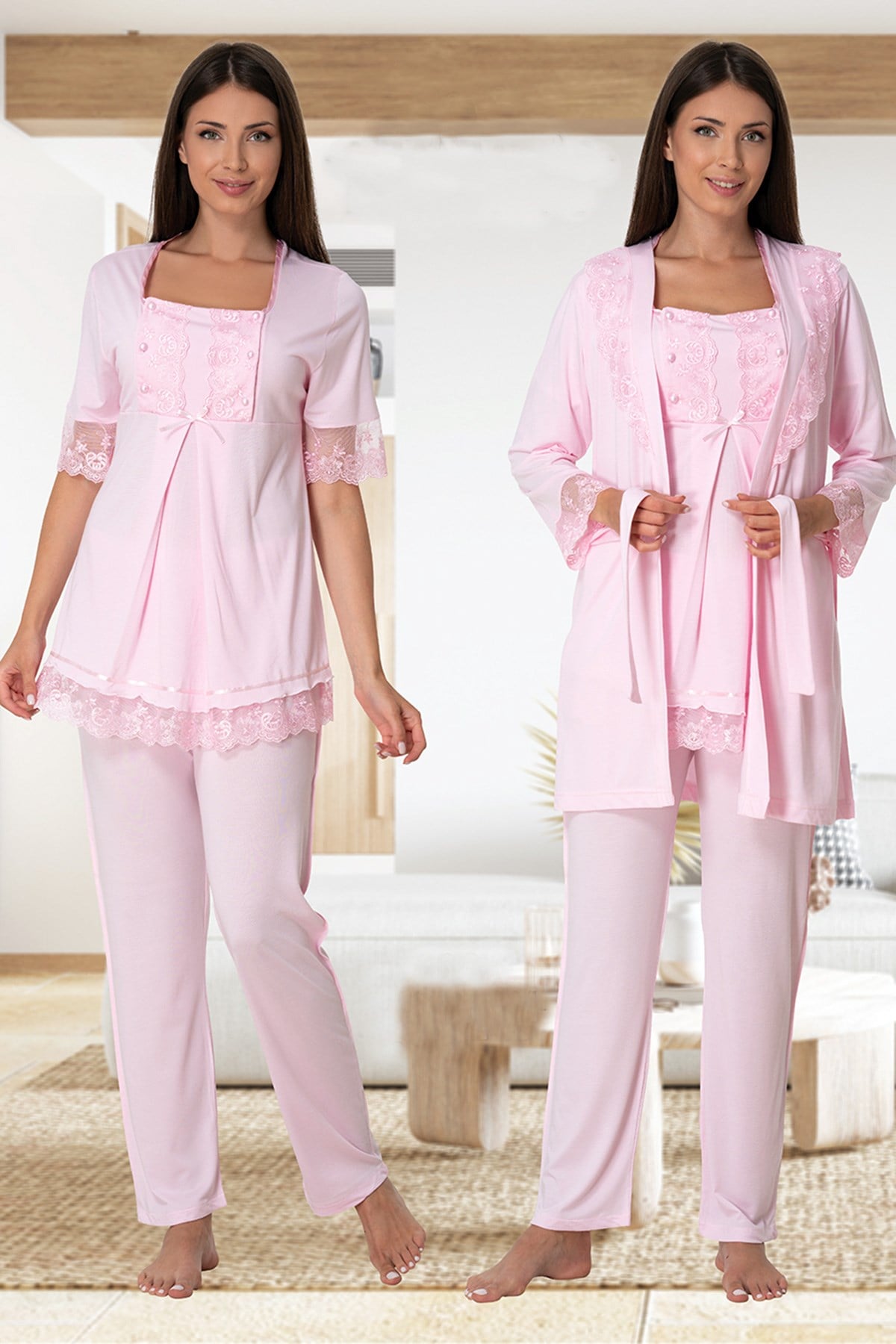 Lace Embroidered 3-Piece Maternity-Nursing Pajama & Robe Set Pink - 6034