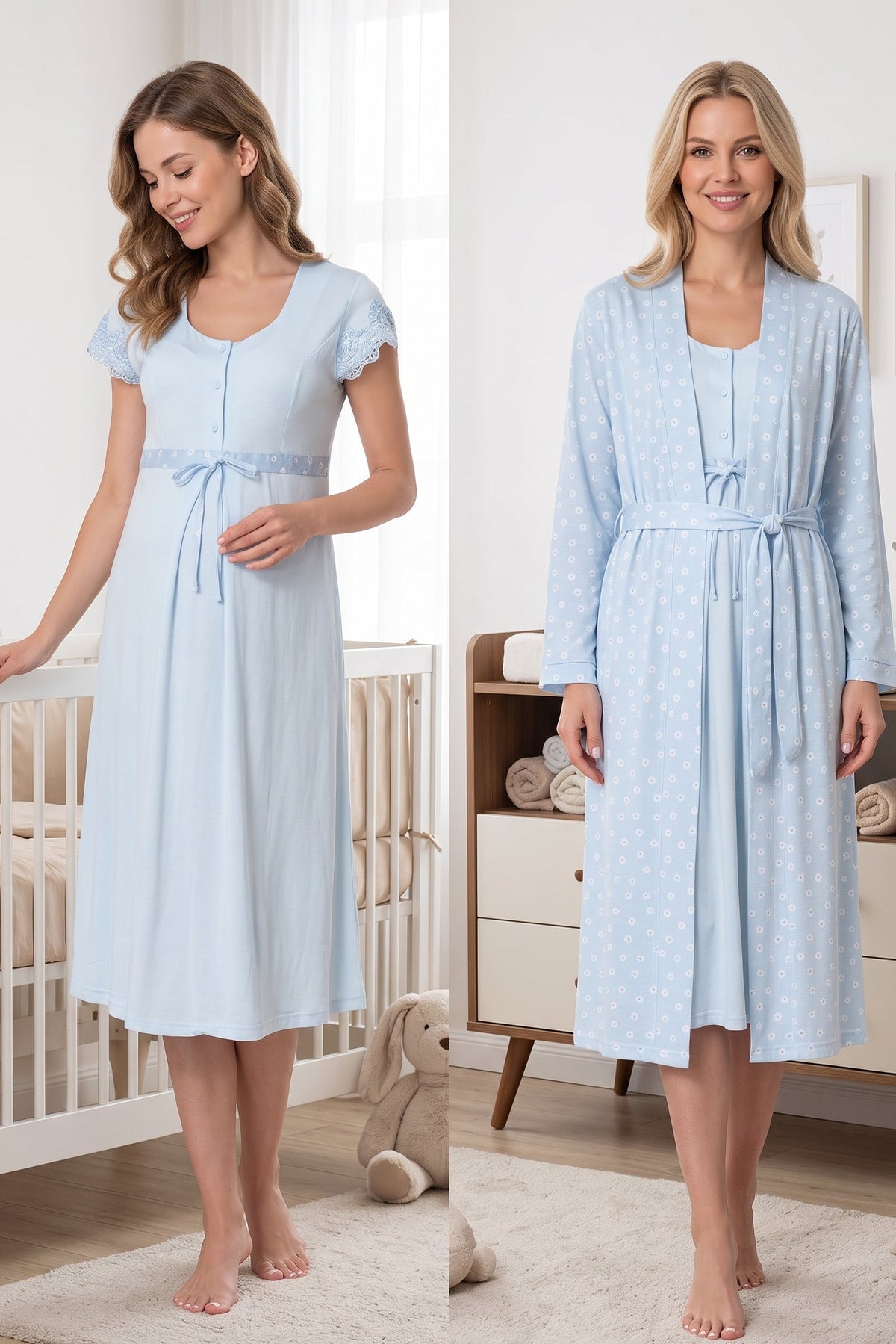 Lace Sleeve Patterned Maternity-Nursing Nightgown & Robe Set Blue - 6015