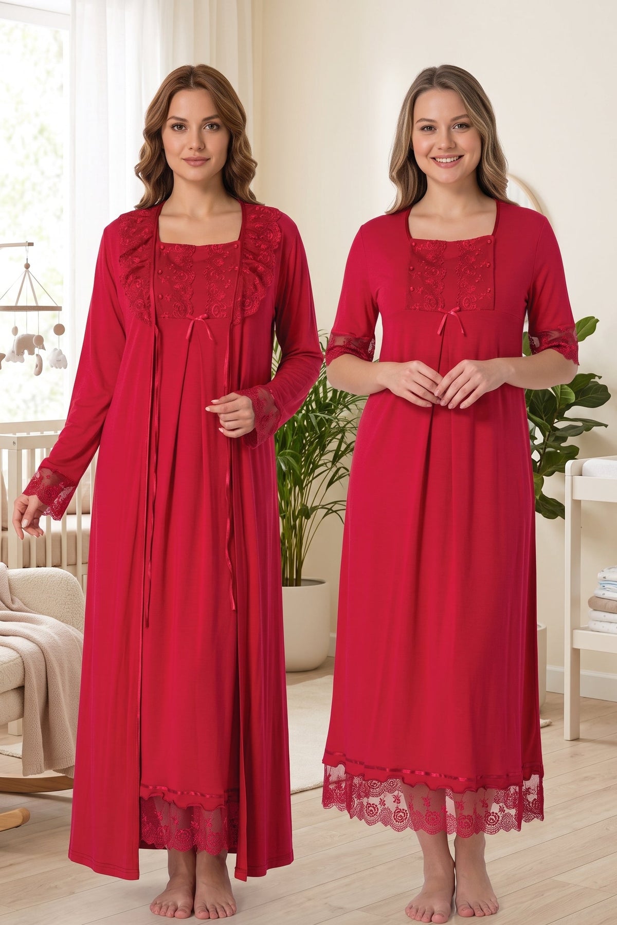 Lace Embroidered Maternity-Nursing Nightgown & Robe Set Cherry - 6035