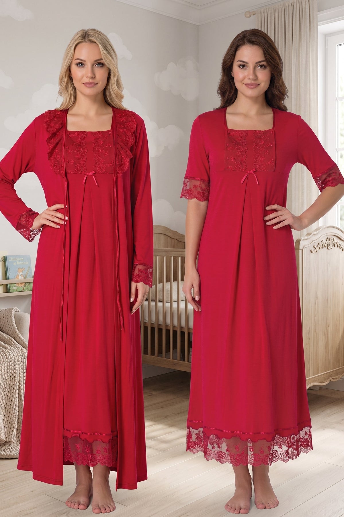 Lace Embroidered Maternity-Nursing Nightgown & Robe Set Cherry - 6035