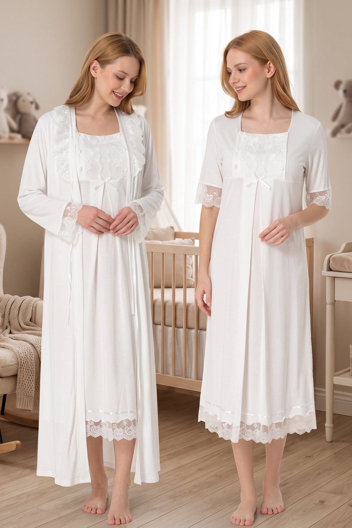 Lace Embroidered Maternity-Nursing Nightgown & Robe Set Ecru - 6035
