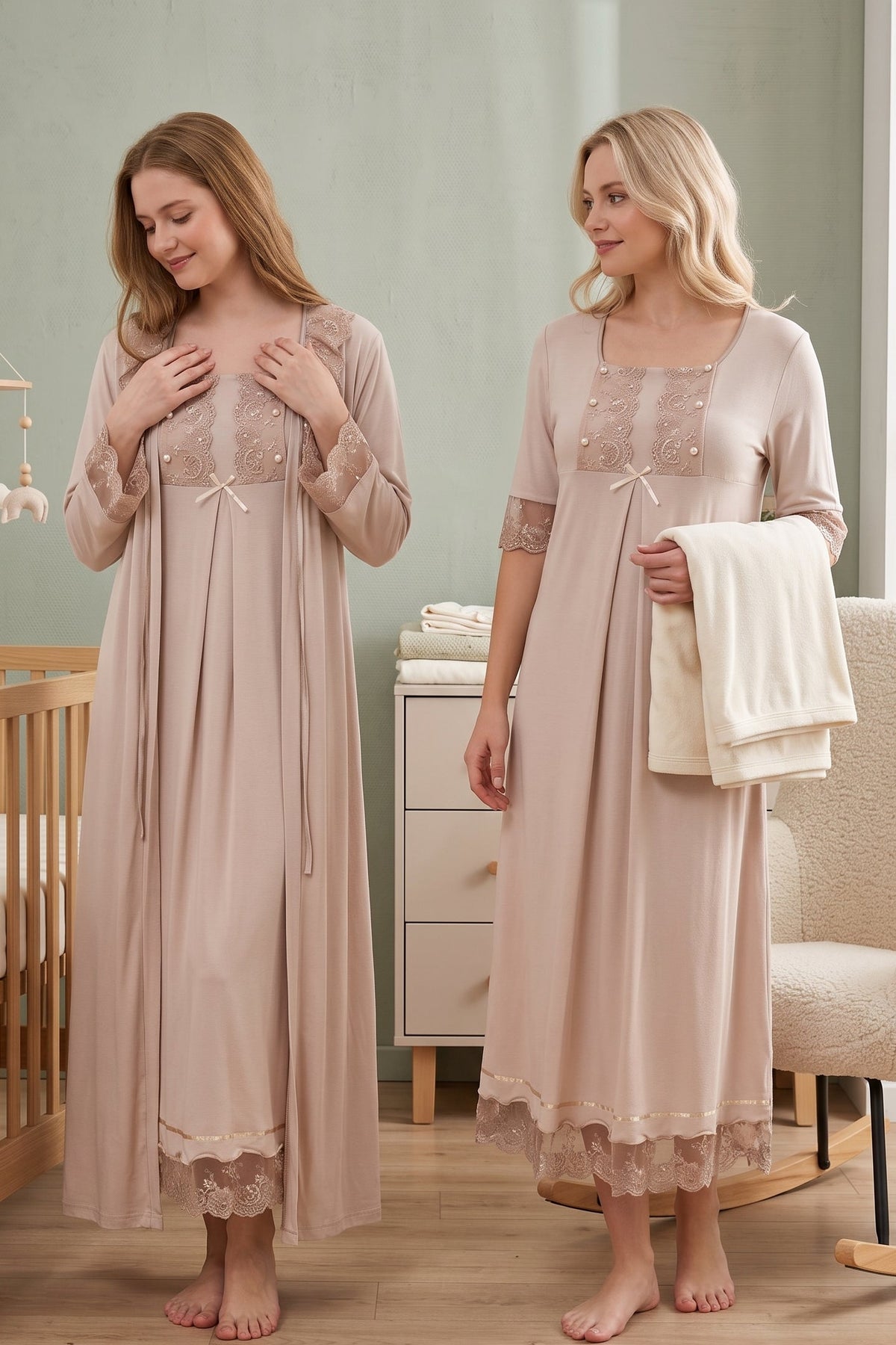 Lace Embroidered Maternity-Nursing Nightgown & Robe Set Mink - 6035