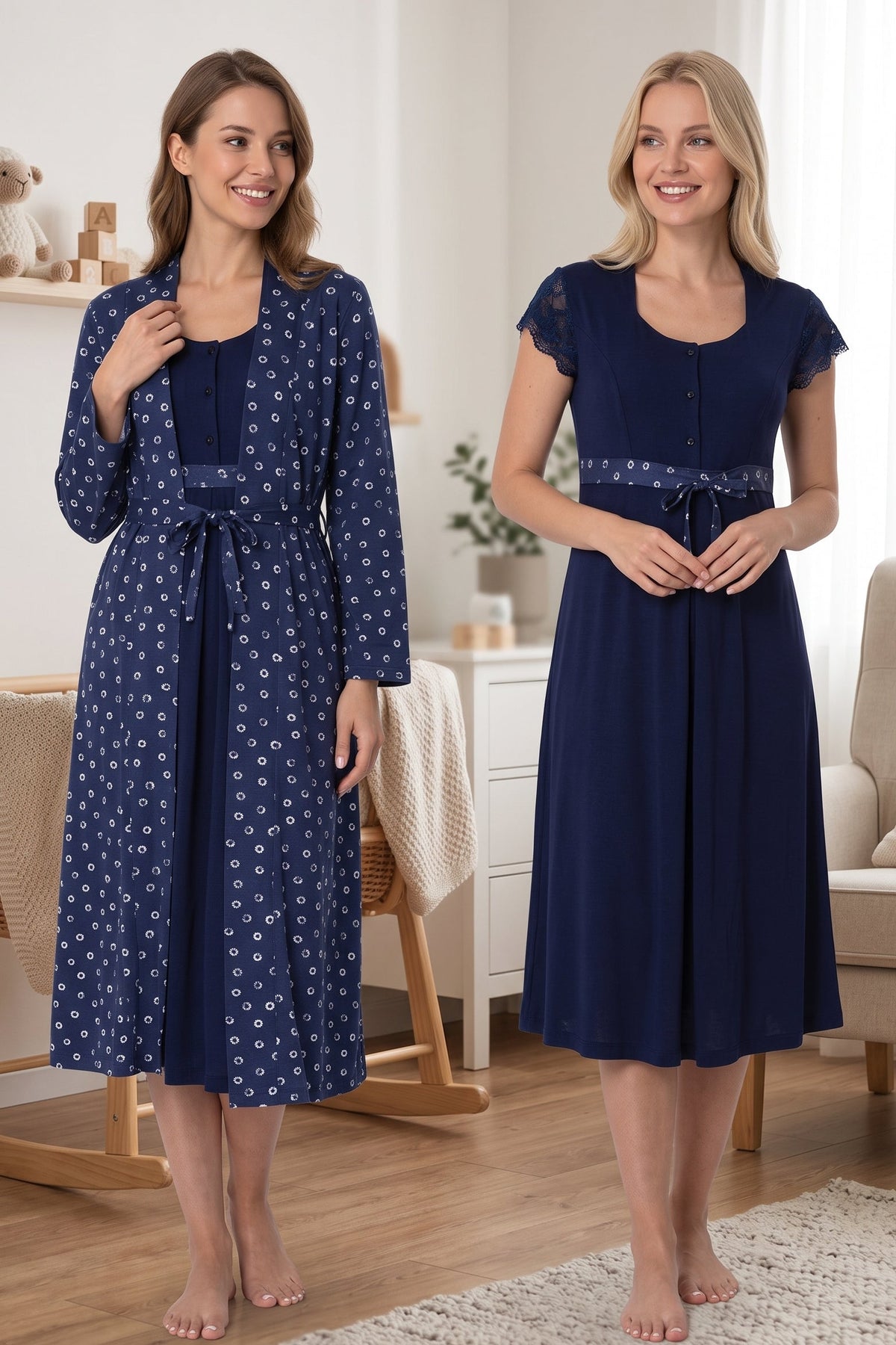 Lace Sleeve Patterned Maternity-Nursing Nightgown & Robe Set Navy Blue - 6015