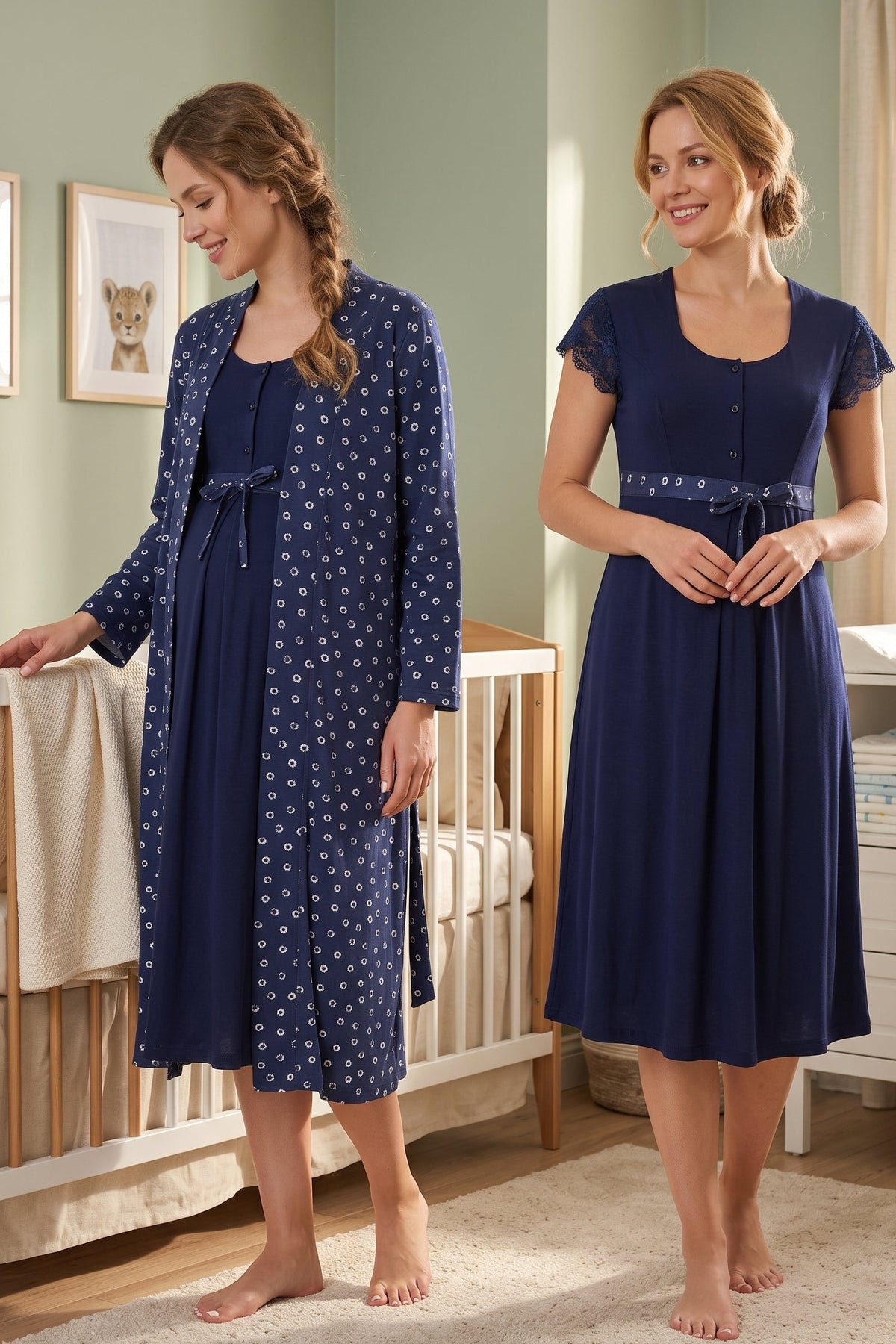 Lace Sleeve Patterned Maternity-Nursing Nightgown & Robe Set Navy Blue - 6015