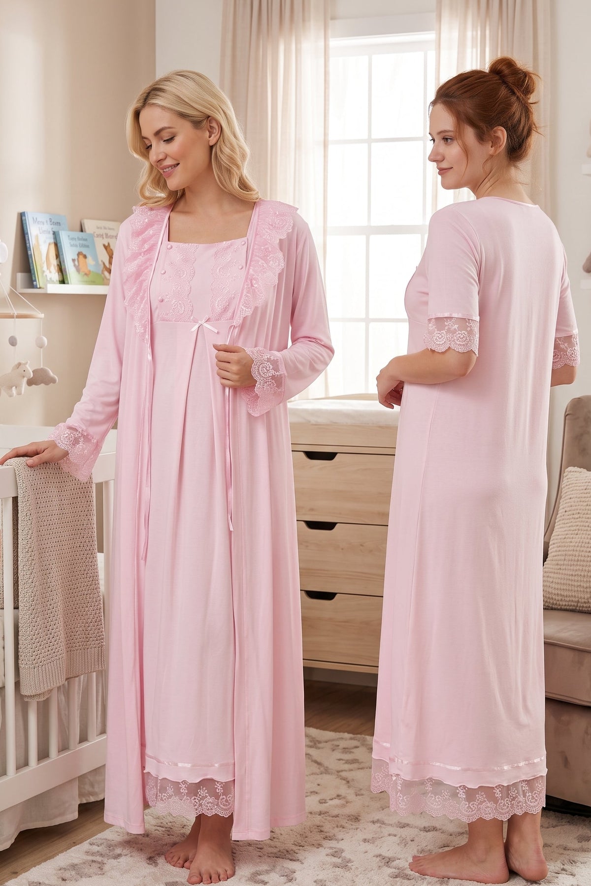 Lace Embroidered Maternity-Nursing Nightgown & Robe Set Pink - 6035