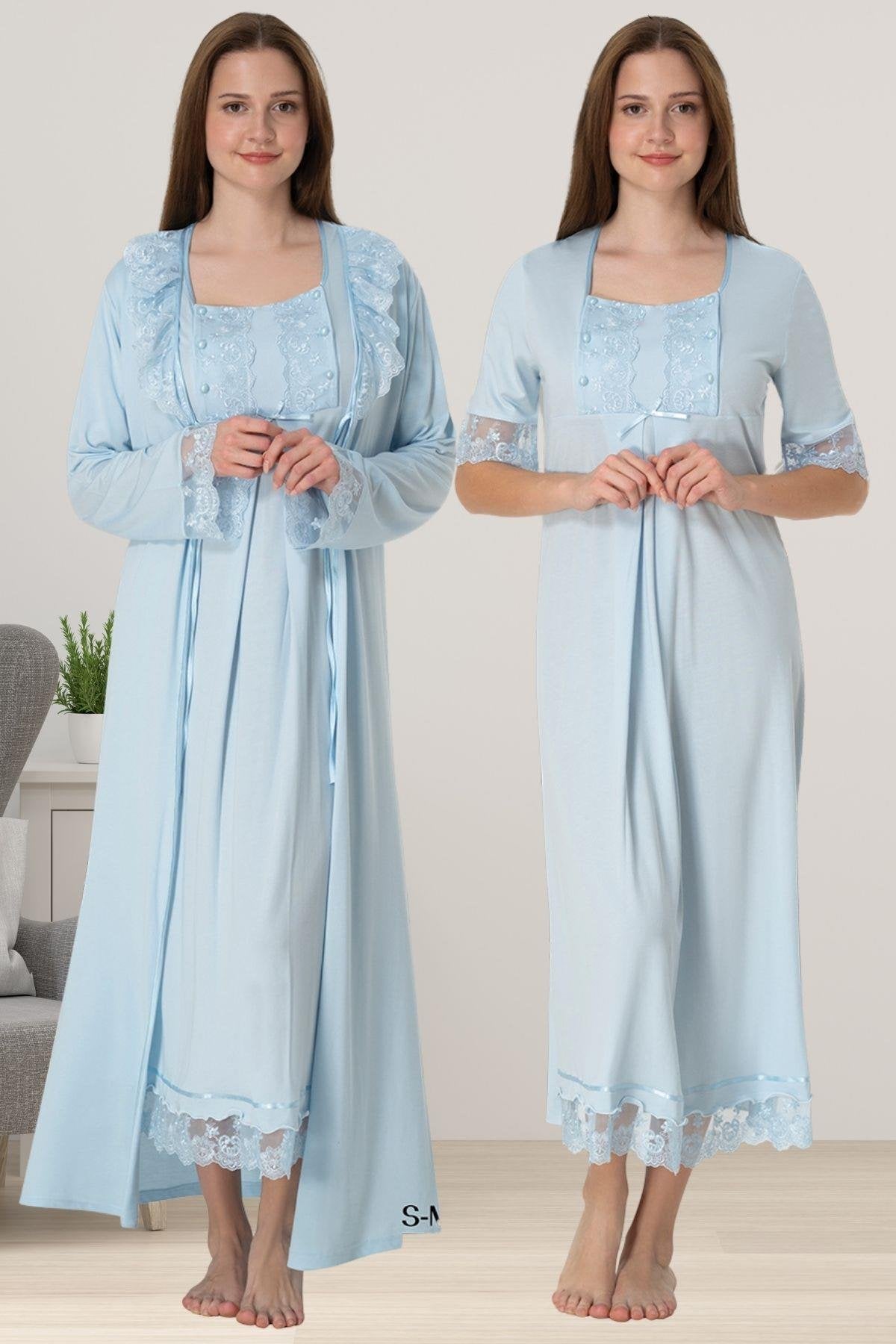 Lace Embroidered Maternity-Nursing Nightgown & Robe Set Blue - 6035