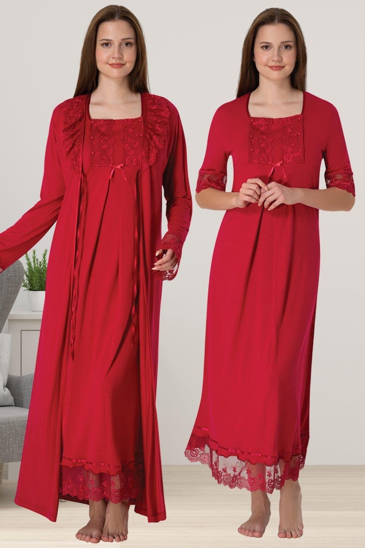 Lace Embroidered Maternity-Nursing Nightgown & Robe Set Cherry - 6035
