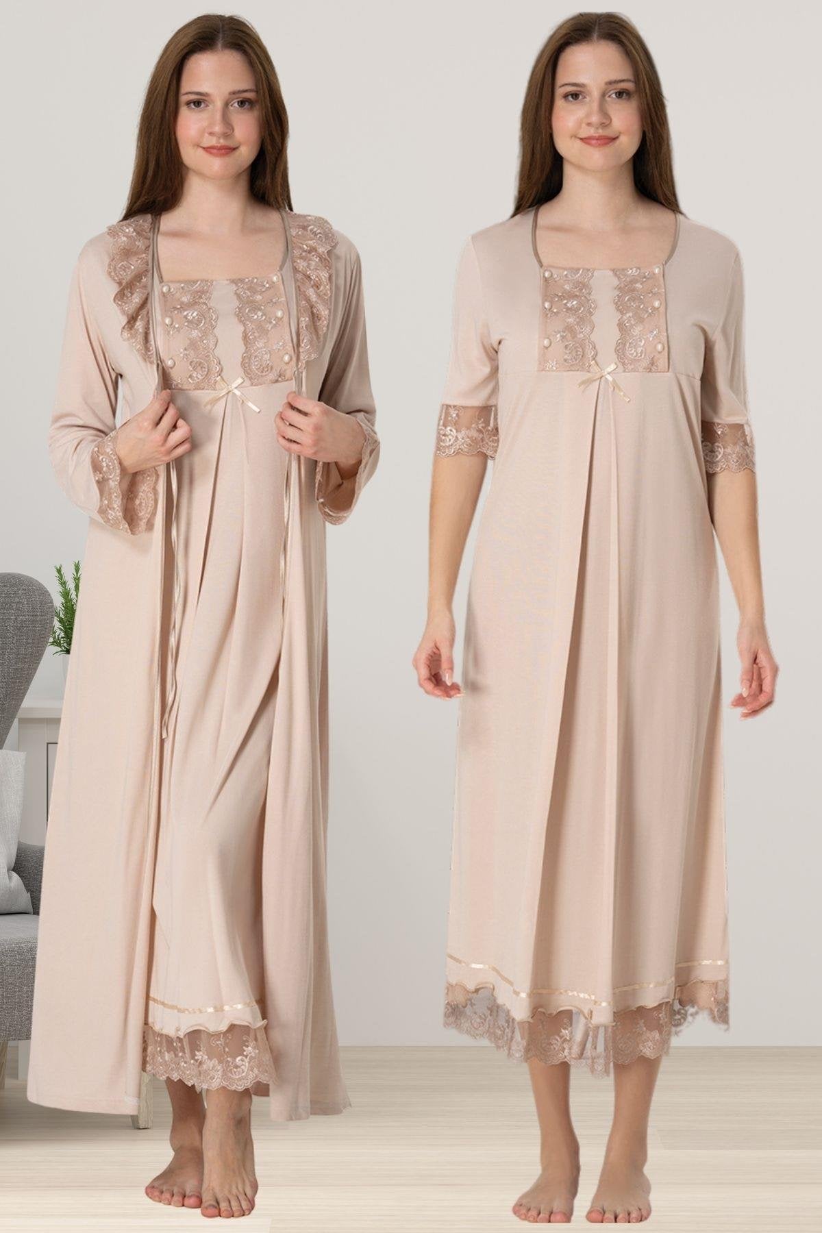 Lace Embroidered Maternity-Nursing Nightgown & Robe Set Mink - 6035