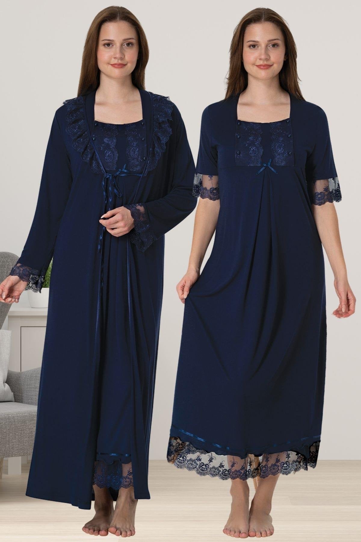 Lace Embroidered Maternity-Nursing Nightgown & Robe Set Navy Blue - 6035