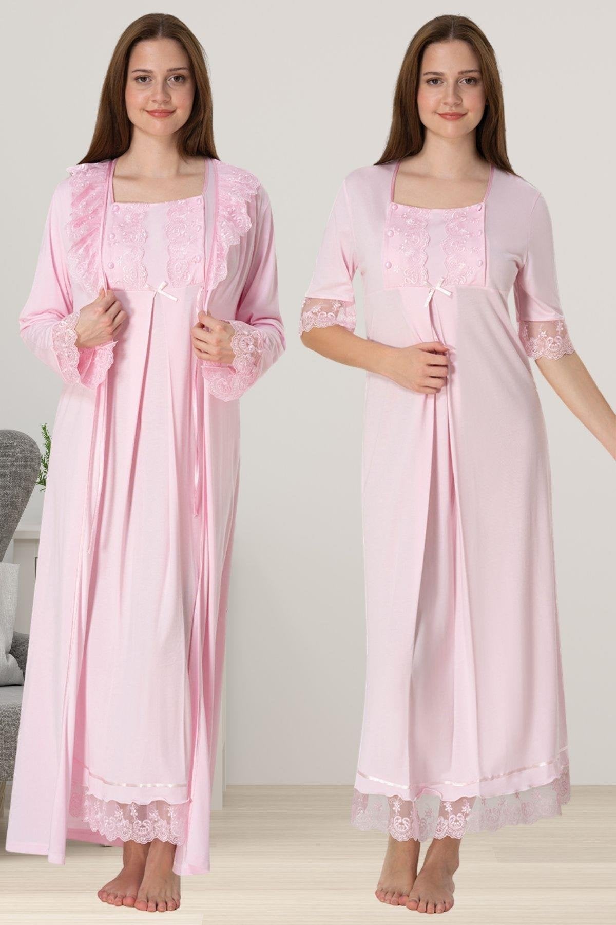 Lace Embroidered Maternity-Nursing Nightgown & Robe Set Pink - 6035