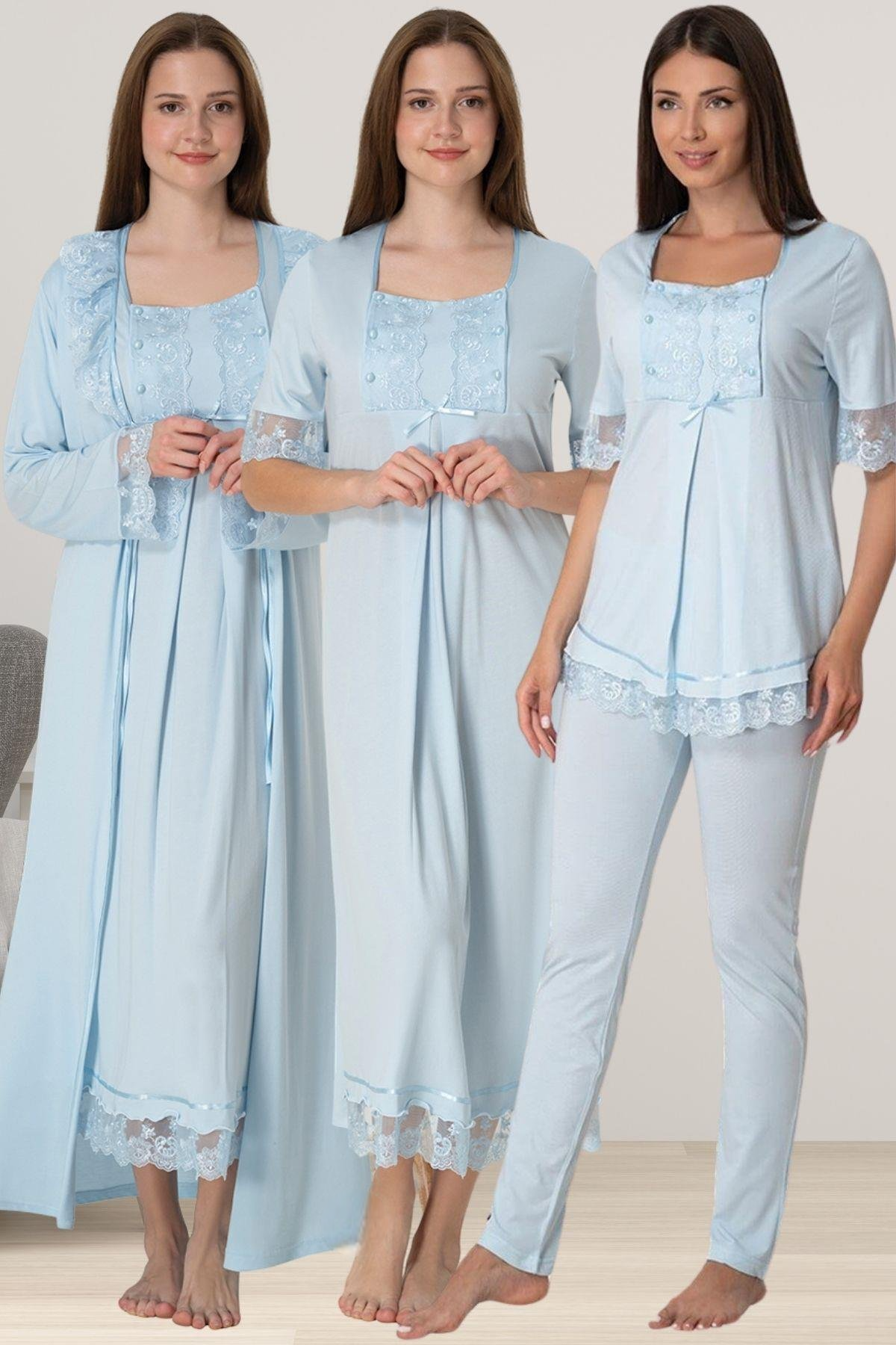 Lace Embroidered 4-Piece Maternity-Nursing Set Blue - 6036