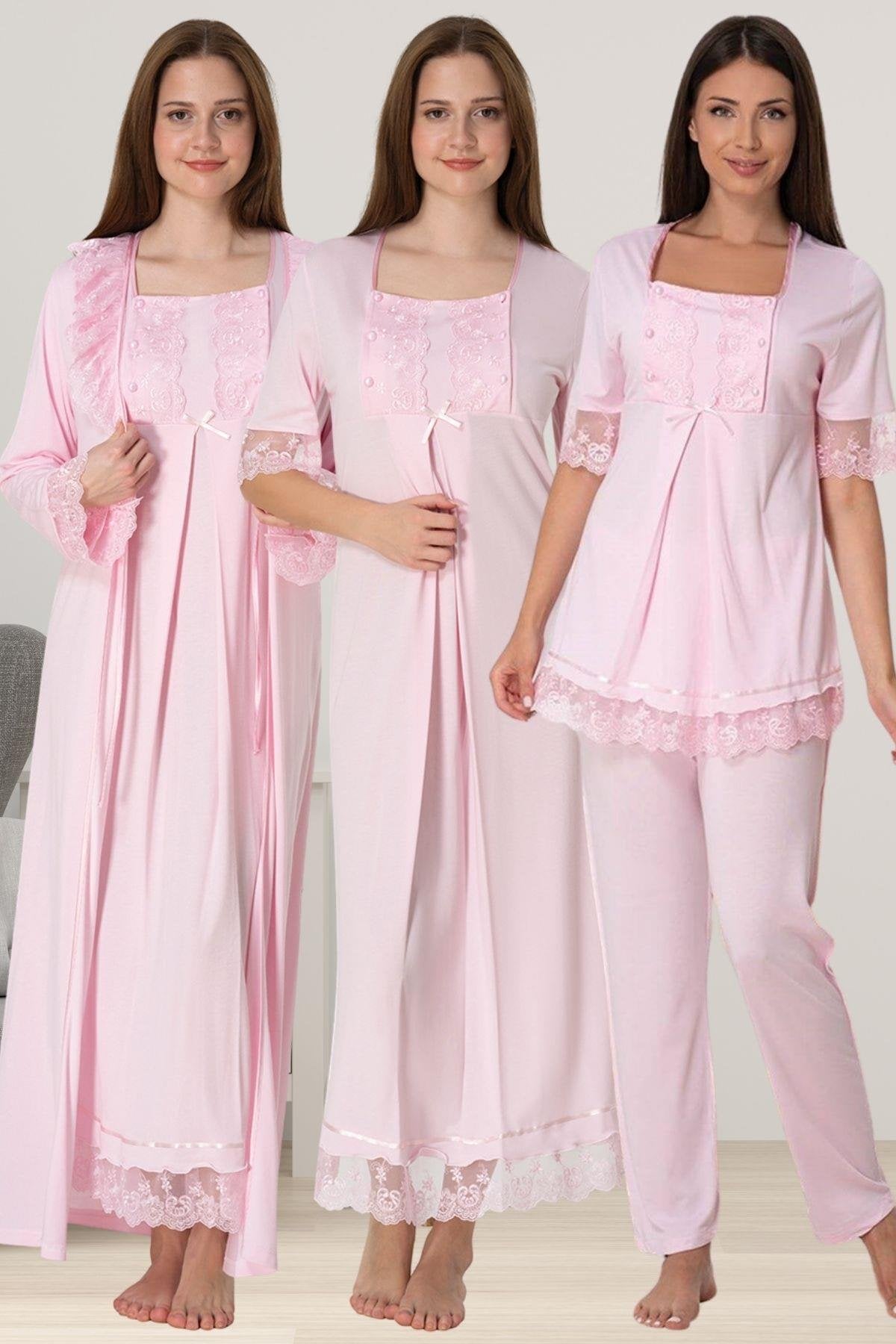Lace Embroidered 4-Piece Maternity-Nursing Set Pink - 6036