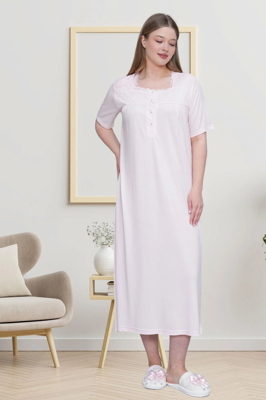 Guipure Collar Plus Size Maternity & Nursing Nightgown Pink - 6049