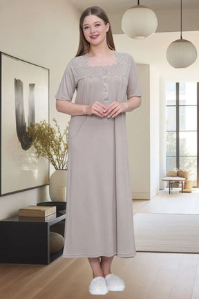 Guipure Collar Plus Size Maternity & Nursing Nightgown Mink - 6049