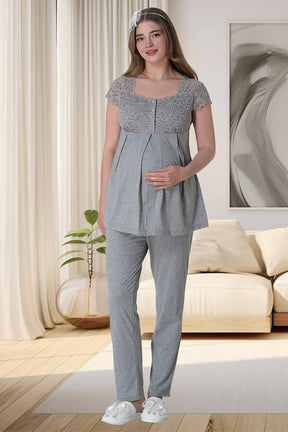 Lace Shoulder 3-Piece Maternity-Nursing Pajama & Robe Set Grey - 6003