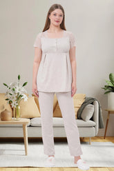 Lace Shoulder Maternity & Nursing Pajama Set Mink - 6056