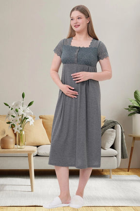 Lace Shoulder Maternity & Nursing Nightgown Charcoal - 6057