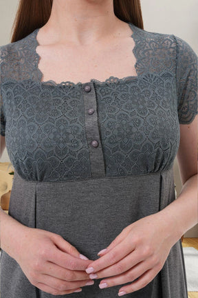 Lace Shoulder Maternity & Nursing Nightgown Charcoal - 6057