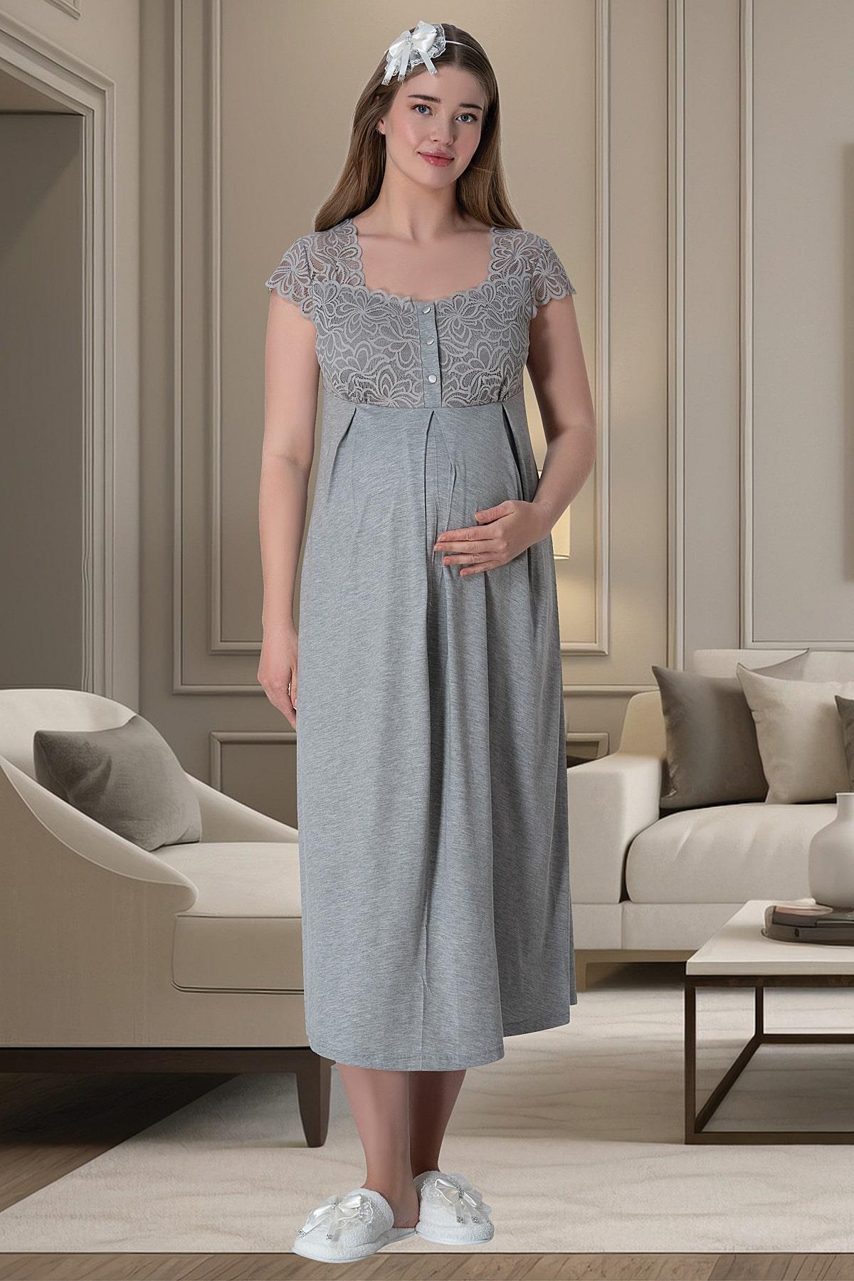 Lace Shoulder Maternity-Nursing Nightgown & Robe Set Grey - 6007