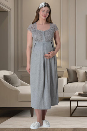 Lace Shoulder Maternity-Nursing Nightgown & Robe Set Grey - 6007