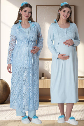 Lace Long Lez Lacy 4 Piece Maternity-Nursing Set Blue - 6060