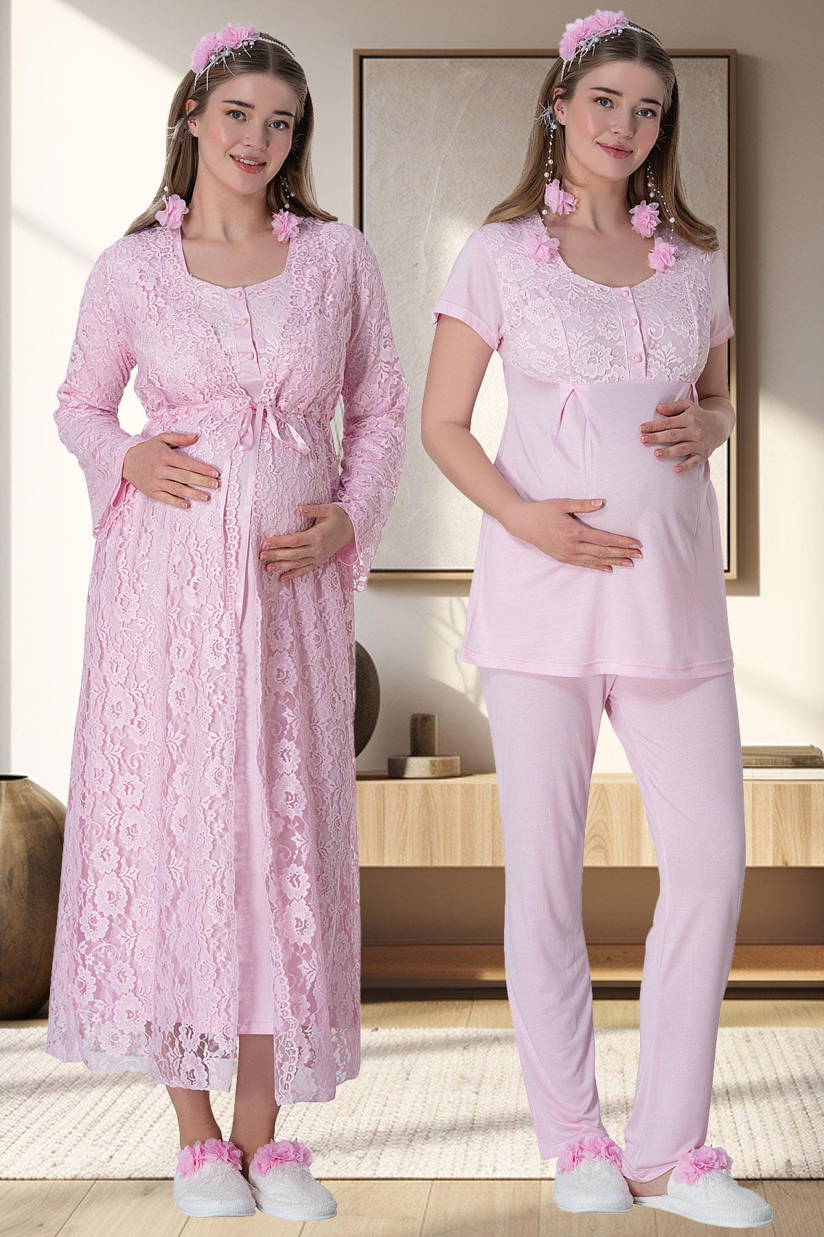 Lace Long Lez Lacy 4-Piece Maternity-Nursing Set Pink - 6060