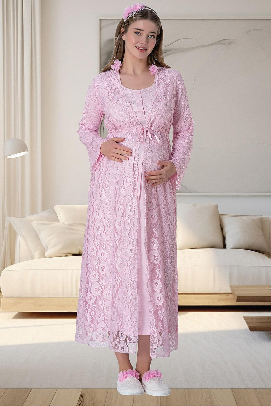 Lace Long Lez Lacy 4-Piece Maternity-Nursing Set Pink - 6060