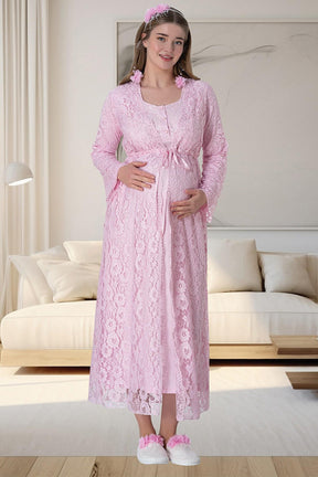 Lace Long Lez Lacy 4 Piece Maternity-Nursing Set Pink - 6060