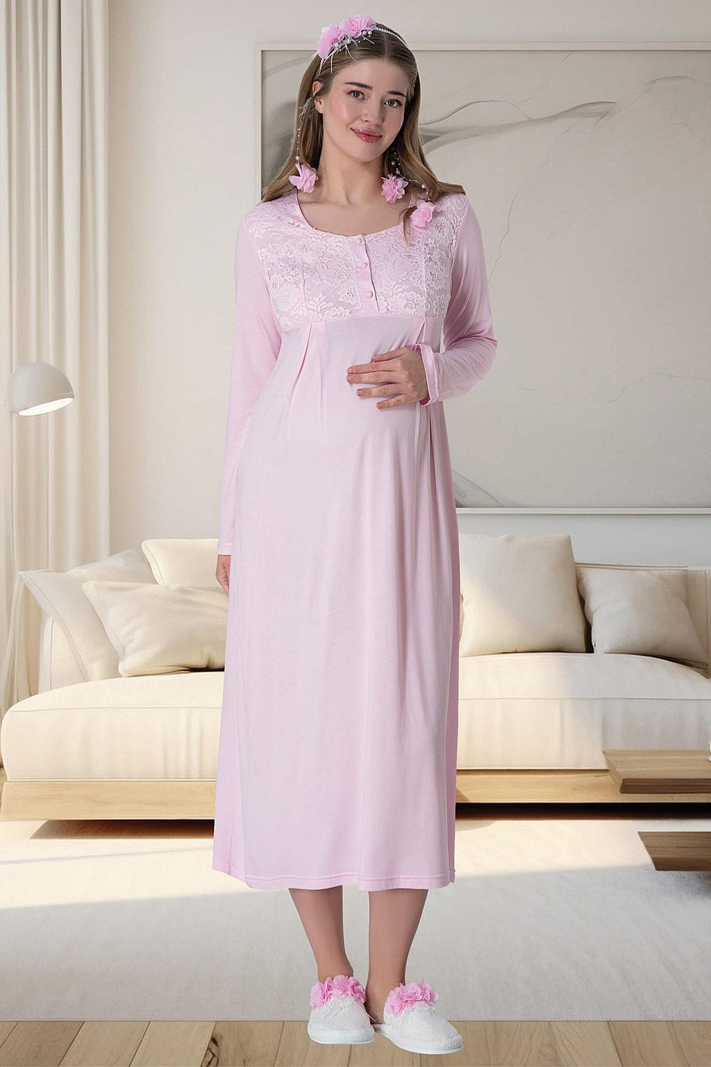 Lace Long Lez Lacy 4-Piece Maternity-Nursing Set Pink - 6060