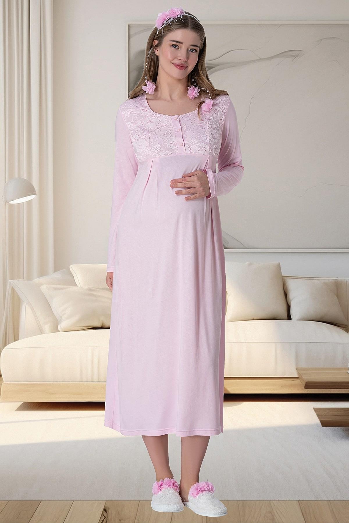 Lace Long Lez Lacy 4-Piece Maternity-Nursing Set Pink - 6060