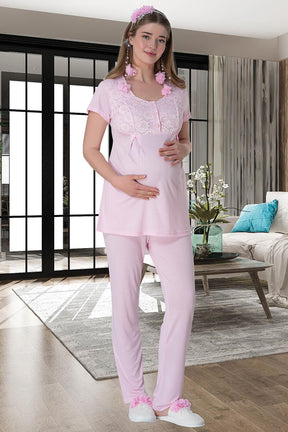 Lace Long Lez Lacy 4 Piece Maternity-Nursing Set Pink - 6060