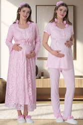 Lace Long Lez Lacy 4 Piece Maternity-Nursing Set Pink - 6060